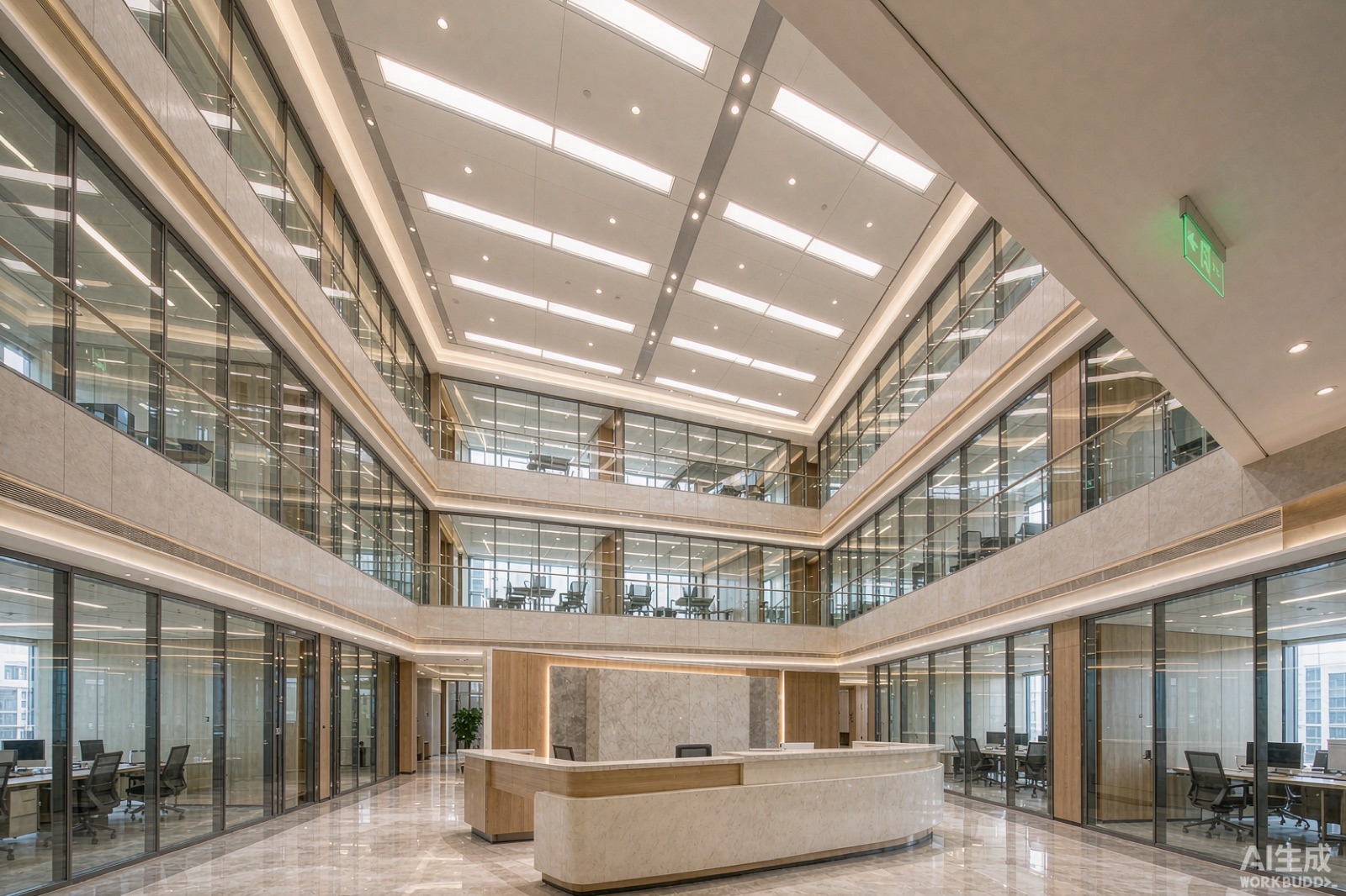 XGW commercial LED lighting power solution illuminating a modern office atrium with DALI panel lights