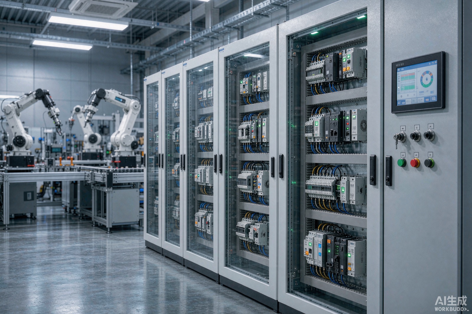 XGW industrial automation power solution in a smart factory with PLC control cabinets and DIN rail power supplies