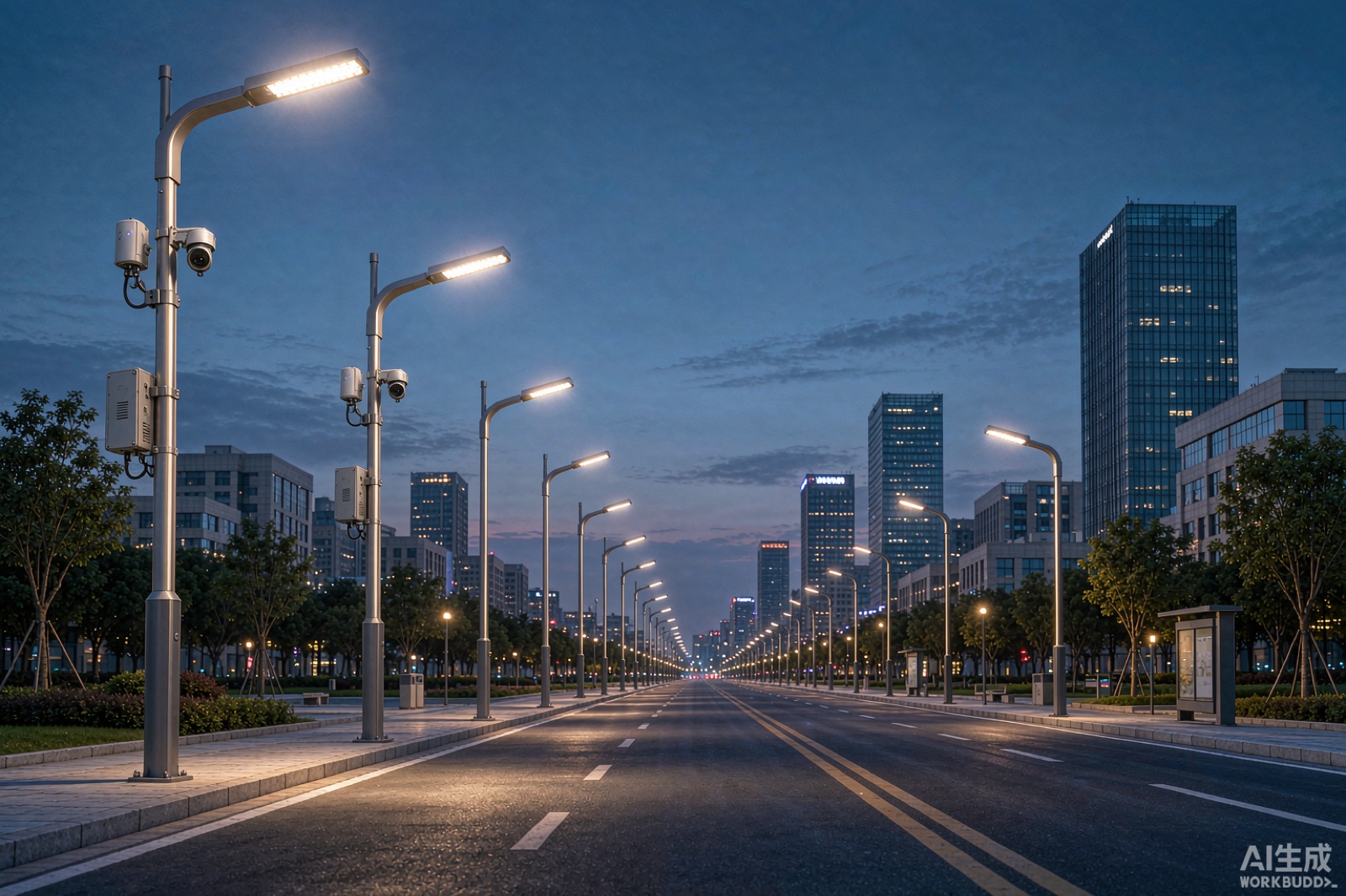 XGW smart street lighting power solution on a smart city boulevard with LED luminaires and control nodes